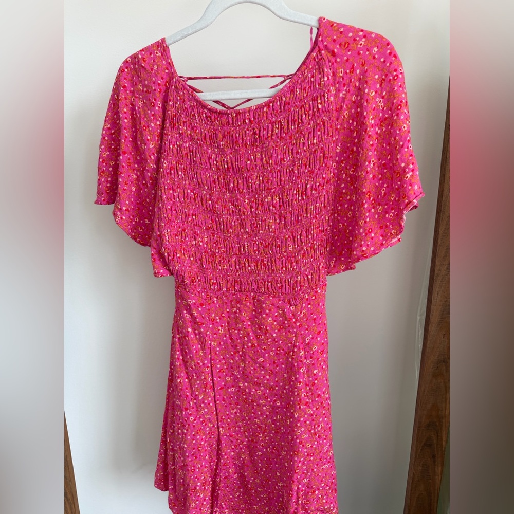 Free People Hot Pink Floral Smocked Mini Dress